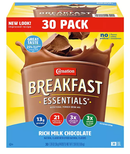 Carnation Breakfast Essentials Nutritional Powder Drink Mix, Chocolate 30 ct.